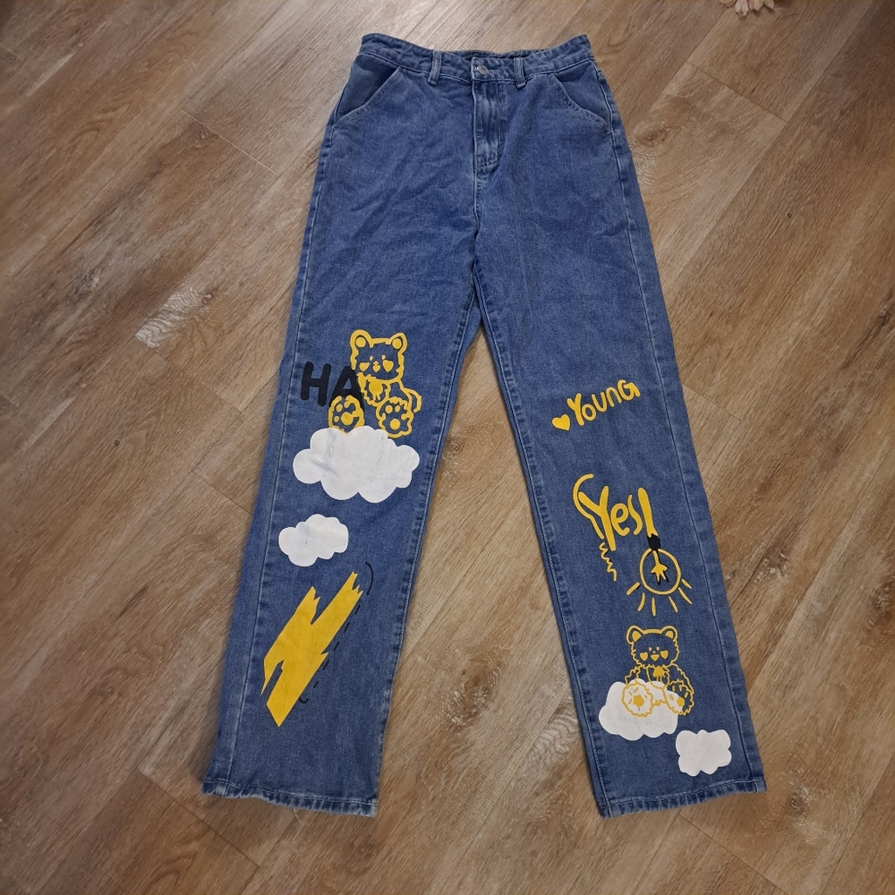 SHEIN Blue Denim Jeans Black White Yellow Graphic Design Size Small